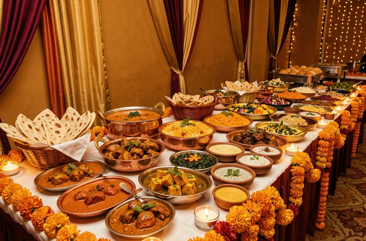 Buffet de mariage indien du Kashmir Traiteur avec biryani, tikka masala et pains naan décorés de guirlandes de fleurs de souci