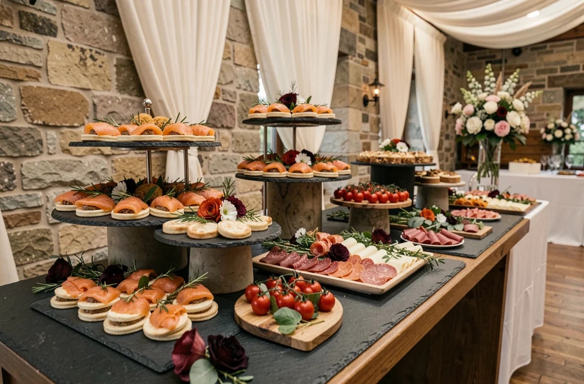 Buffet cocktail mariage élégant préparé par Le 58 Traiteur avec charcuterie, blinis et verrines sur ardoise noire dans une salle en pierre