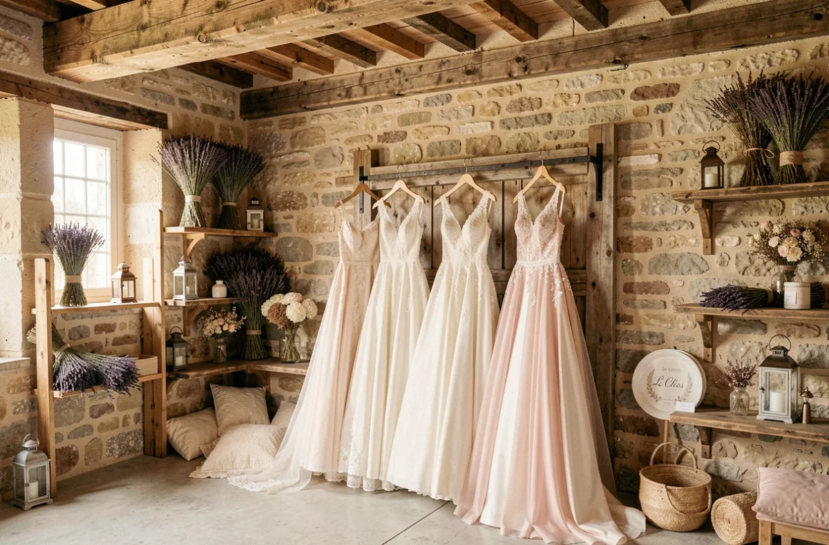 Showroom champêtre du Clos des Mariées avec des robes de mariée ivoire et blush exposées dans un décor de pierre et de bois