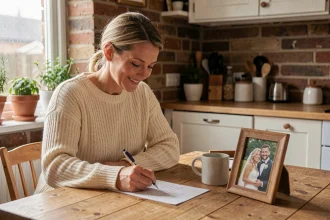Femme écrivant une lettre d'anniversaire de mariage à son conjoint absent, entourée d'une ambiance chaleureuse et intime dans une cuisine en brique