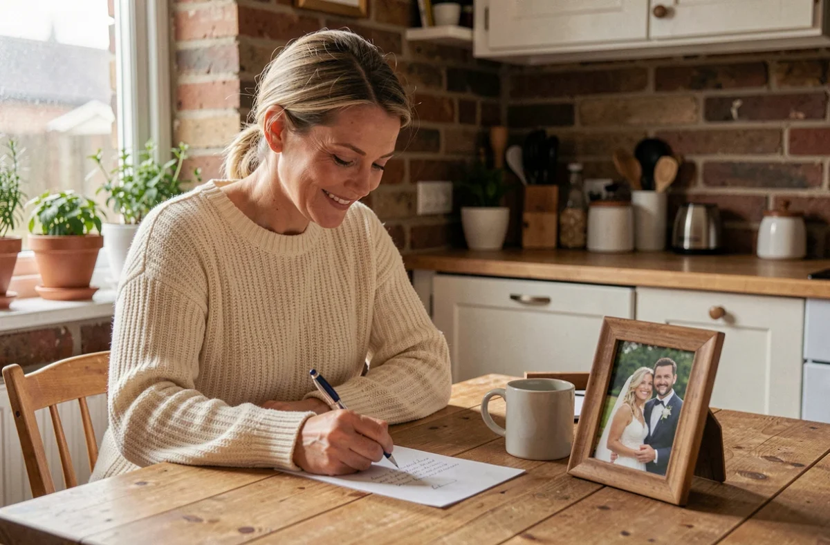 Femme écrivant une lettre d'anniversaire de mariage à son conjoint absent, entourée d'une ambiance chaleureuse et intime dans une cuisine en brique
