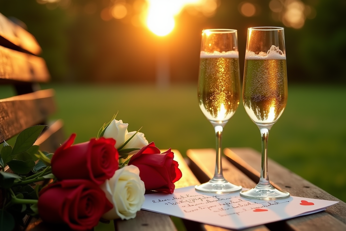 Lettre d amour et verres de champagne au coucher de soleil