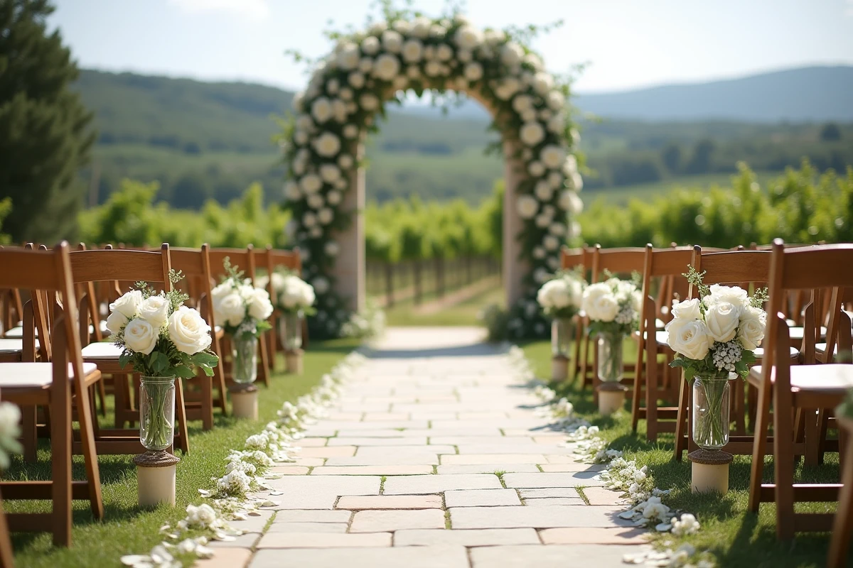 Lieu de mariage champêtre en France avec arche fleurie et décoration élégante, illustration d'un article sur un mariage en rumeur