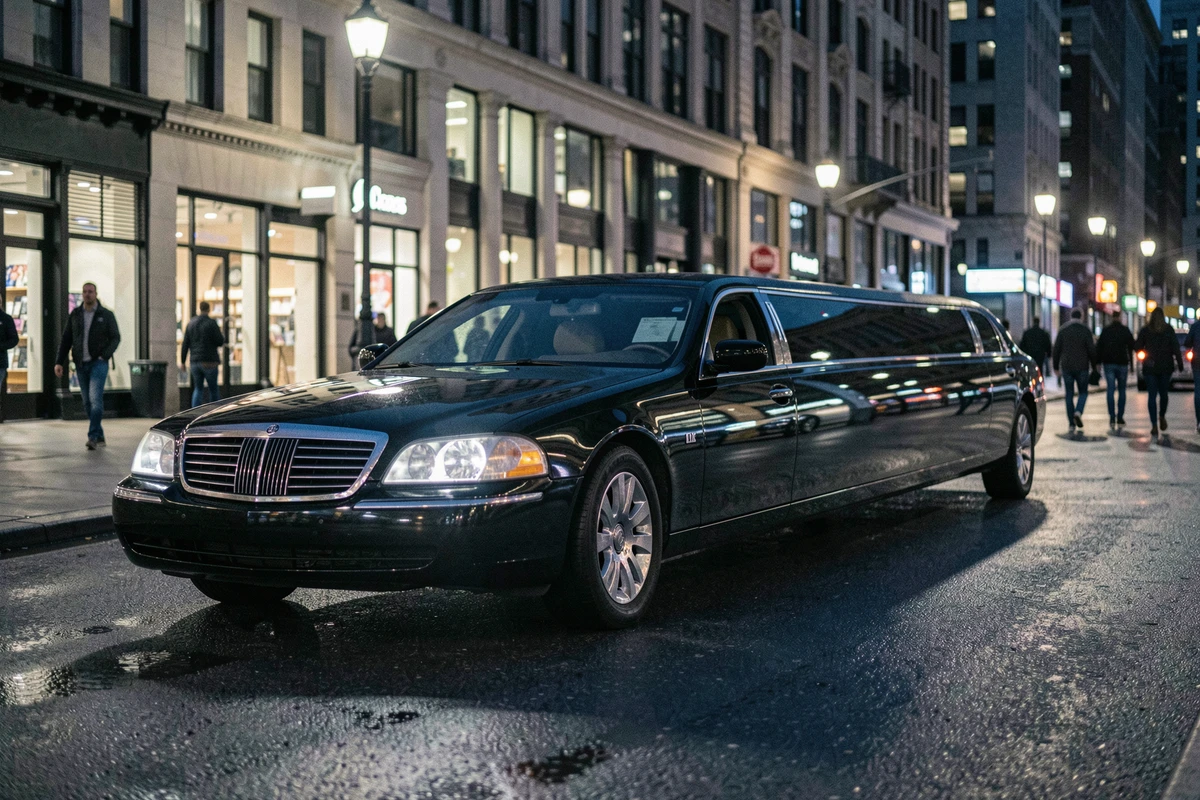 Limousine noire allongée garée dans une rue urbaine la nuit, reflets sur la carrosserie mouillée