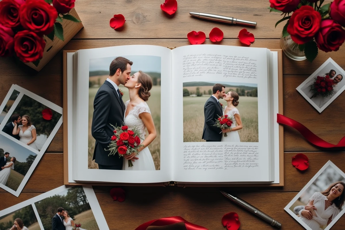 Album photo de noces de rubis ouvert avec pétales de roses rouges, stylo plume et photos imprimées sur une table en chêne rustique