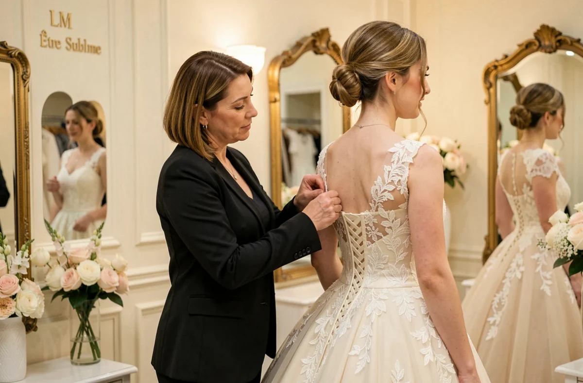 Consultante aidant une mariée à essayer une robe de bal en dentelle dans la boutique LM Être Sublime en Robe de Mariée