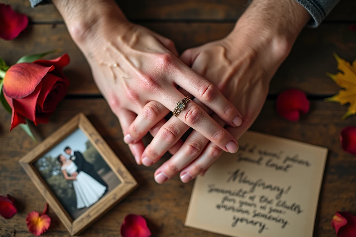 Mains enlacées d'un couple marié depuis 22 ans avec alliances en bronze sur une table en bois décorée de pétales et d'une carte anniversaire