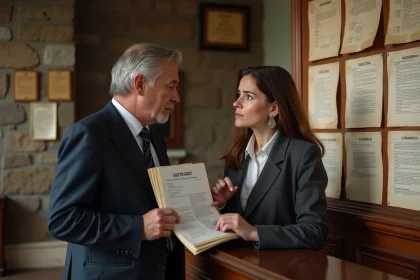 Un homme et une femme en mairie regardant des documents officiels