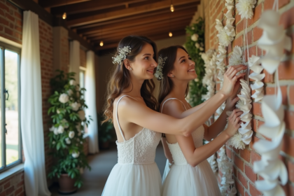 Jeune couple de mariés décorant des guirlandes en papier blanc