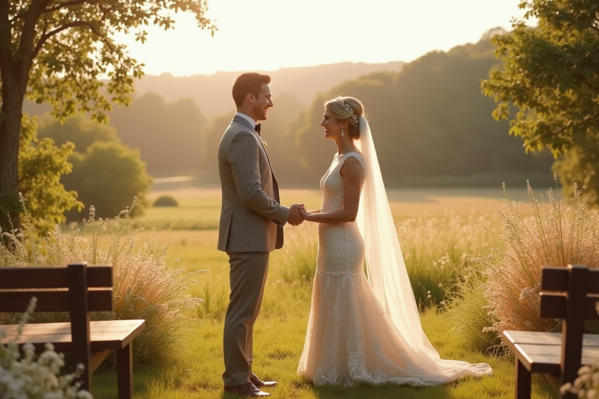 Couple souriant échangeant leurs vœux dans un champ ensoleille