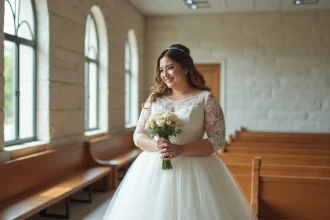 Mariée joyeuse en robe ivoire élégante pour mariage civil