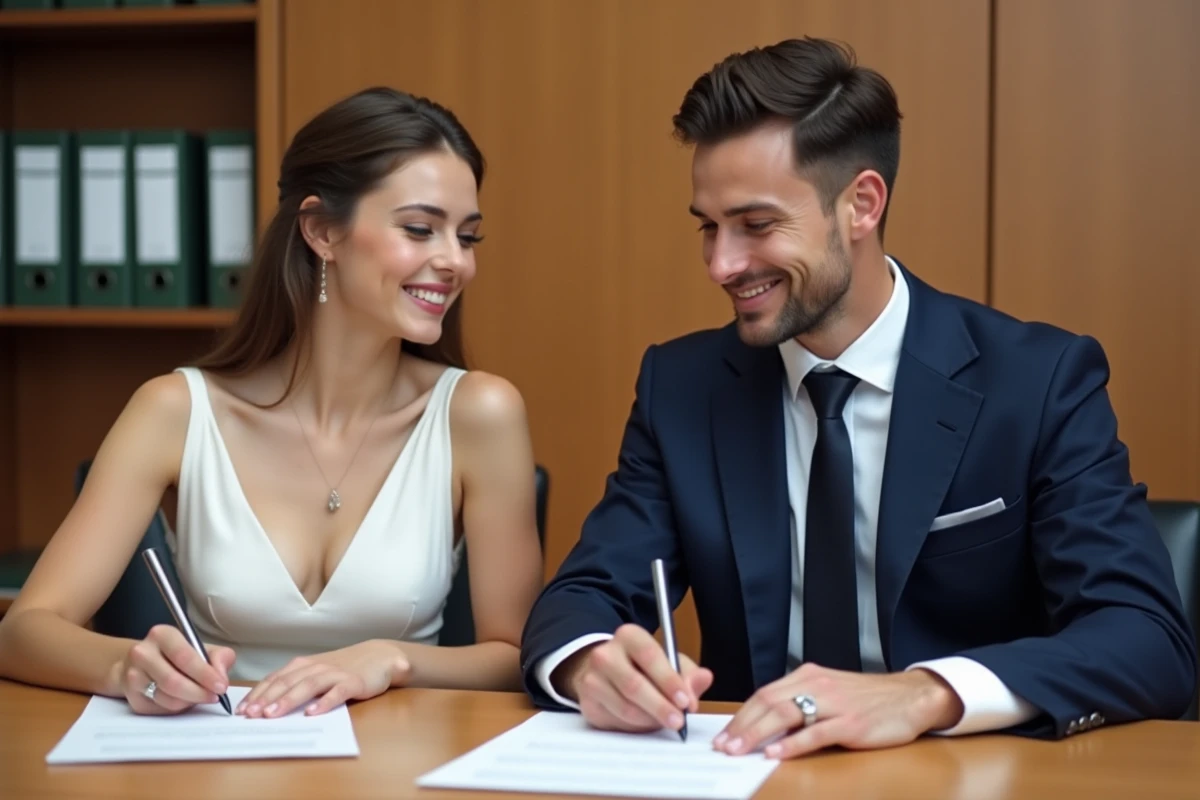 Jeune couple signant leur mariage civil à la mairie
