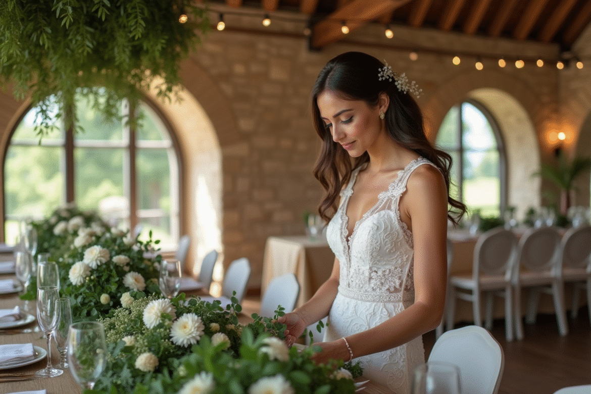 Jeune mariée en robe de dentelle arrangeant des fleurs