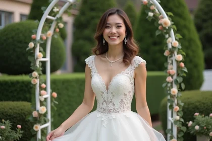 Femme souriante en robe de mariée dans un jardin élégant