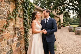 Couple de mariés devant un domaine rustique en pierre avec jardin naturel, mariage champêtre économique