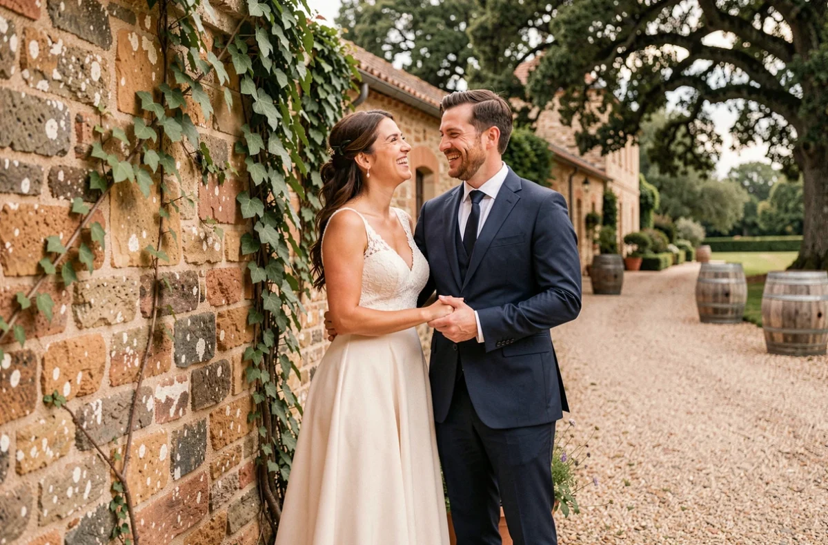 Couple de mariés devant un domaine rustique en pierre avec jardin naturel, mariage champêtre économique