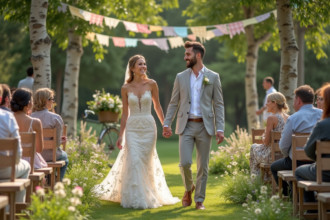 Jeune couple de mariés dans un jardin champêtre