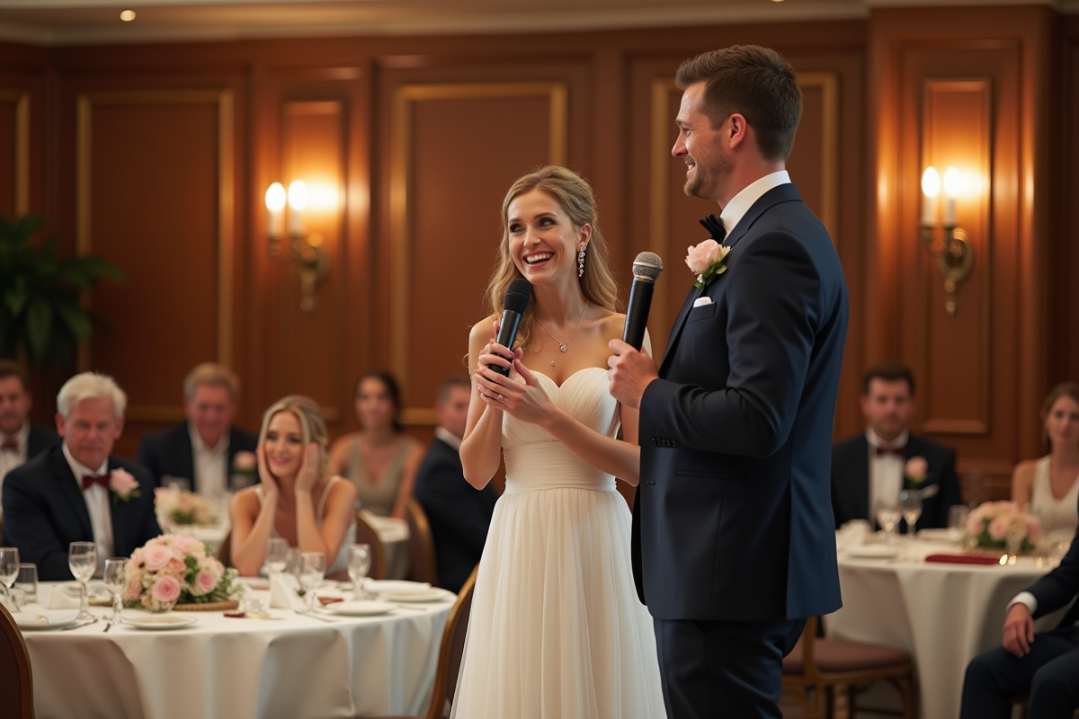 Jeune couple marié animant un quiz lors de la réception