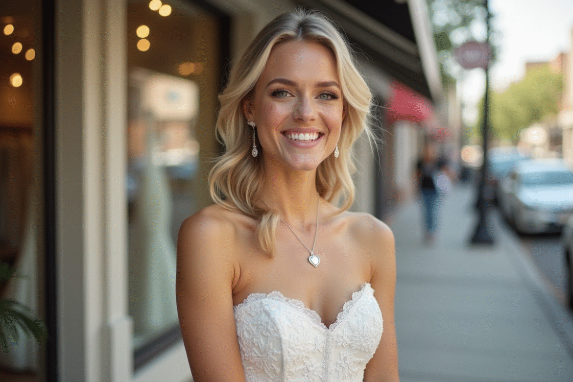 Mariée souriante en robe blanche élégante devant boutique