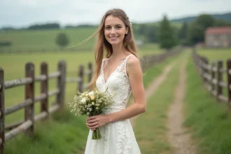 Jeune femme en robe de mariée en dentelle dans la campagne