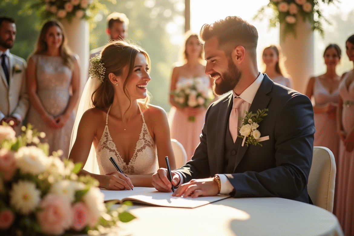 Les mariés signent le registre de mariage lors d'une cérémonie joyeuse