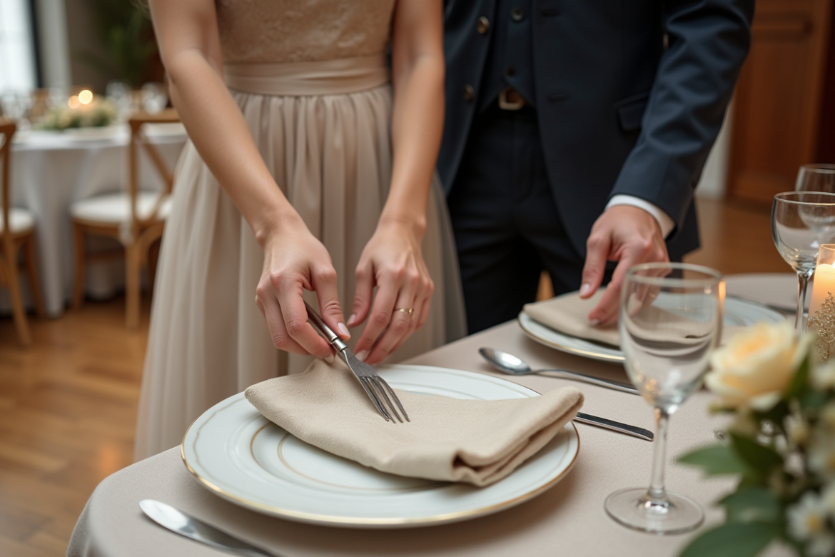 Jeune couple préparant la table de mariage élégante