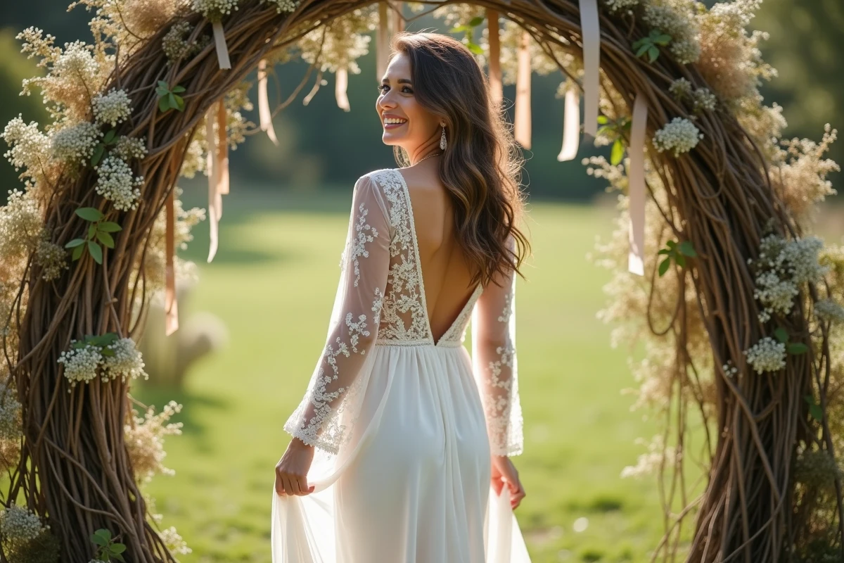 Mariée bohème sous une arche de branches et fleurs séchées dans un jardin champêtre, robe dentelle à manches longues et col V