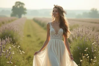 Mariée bohème champêtre en robe ivoire à dentelle dans une prairie fleurie, coiffure tressée avec couronne de fleurs séchées