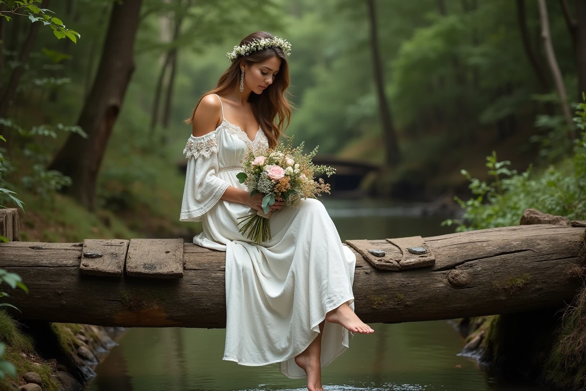 Mariée en robe bohème rustique assise sur un pont en bois au-dessus d'un ruisseau forestier, bouquet de fleurs sauvages et pampa