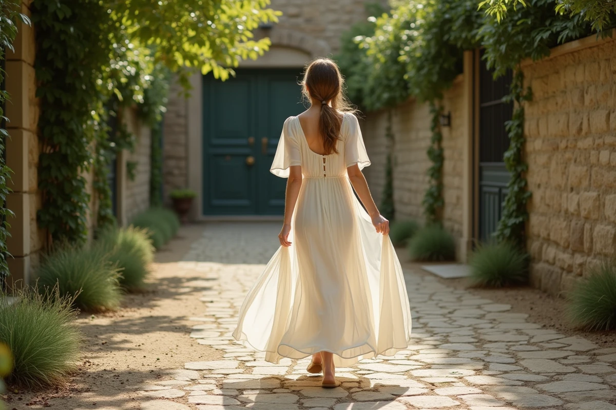 Mariée bohème en robe fluide à manches volantées marchant devant une mairie française avec murs en pierre et lierre