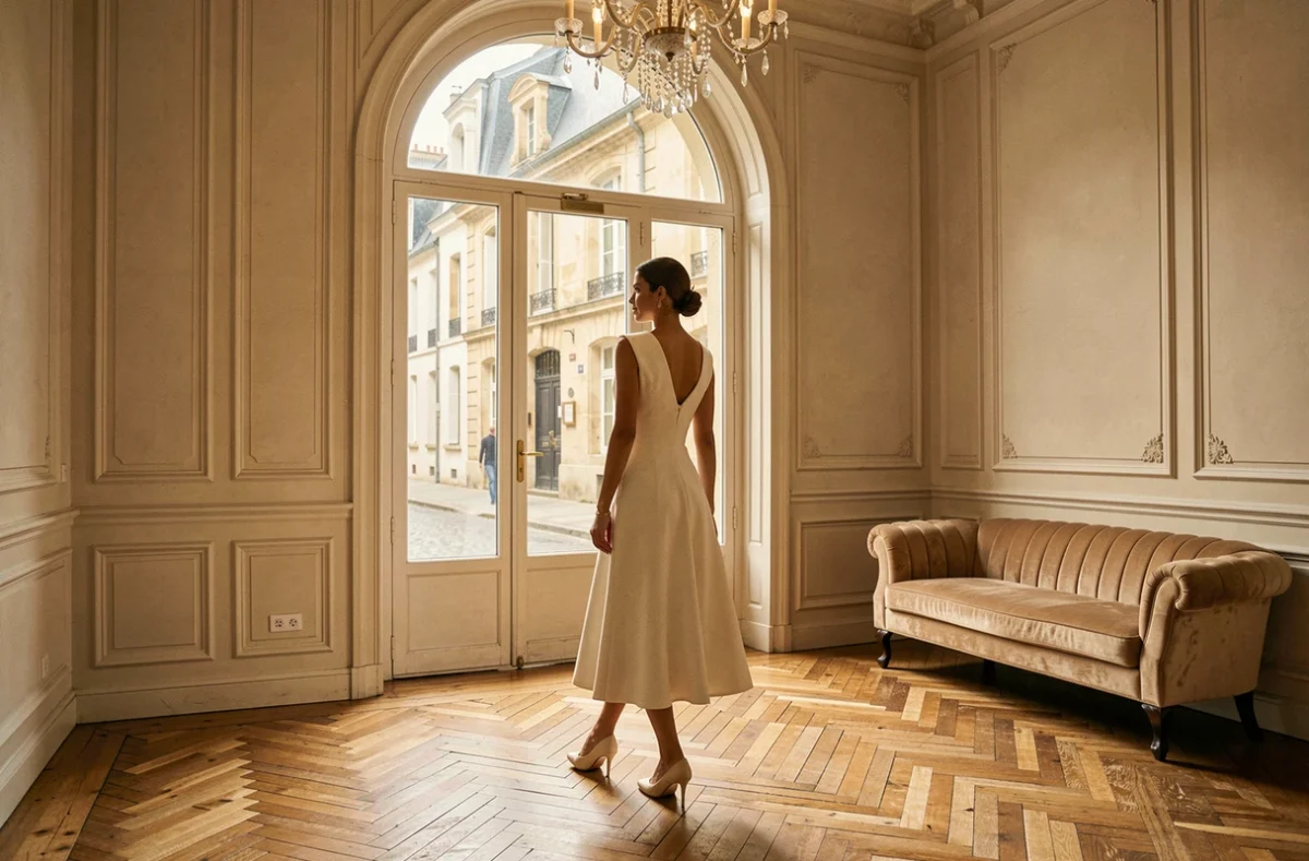 Mariée en robe de mariée structurée marchant vers une fenêtre arquée dans la boutique Mariée Couture à Angoulême