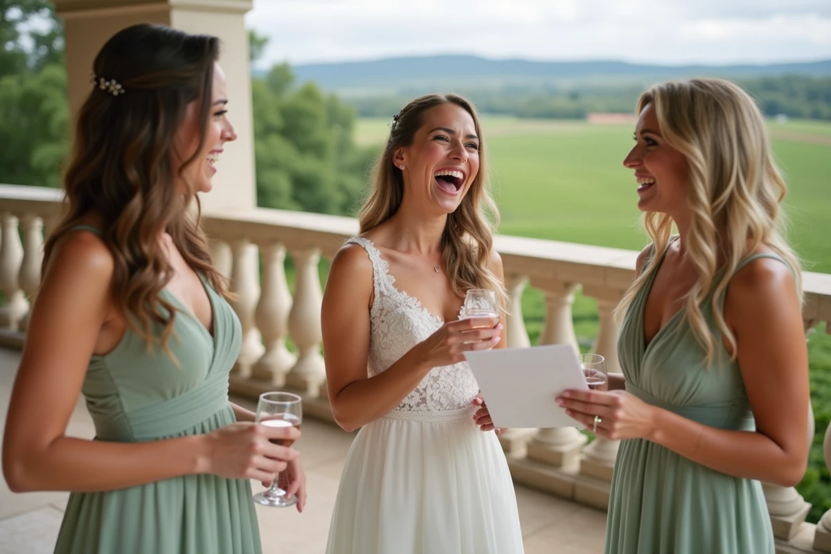 Mariée et ses demoiselles d'honneur hilares en lisant un message de félicitations humoristique sur une terrasse avec vue sur vignoble