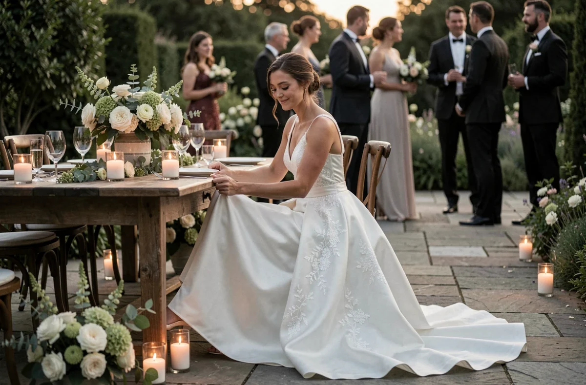 Mariée protégeant sa robe de mariée blanche assise à une table de réception en plein air lors d'une soirée de mariage