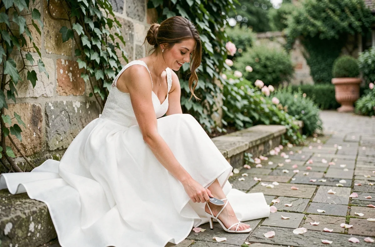 Mariée en robe de bal blanche insérant une semelle gel dans son escarpin en jardin de pierre, astuce confort talons hauts mariage