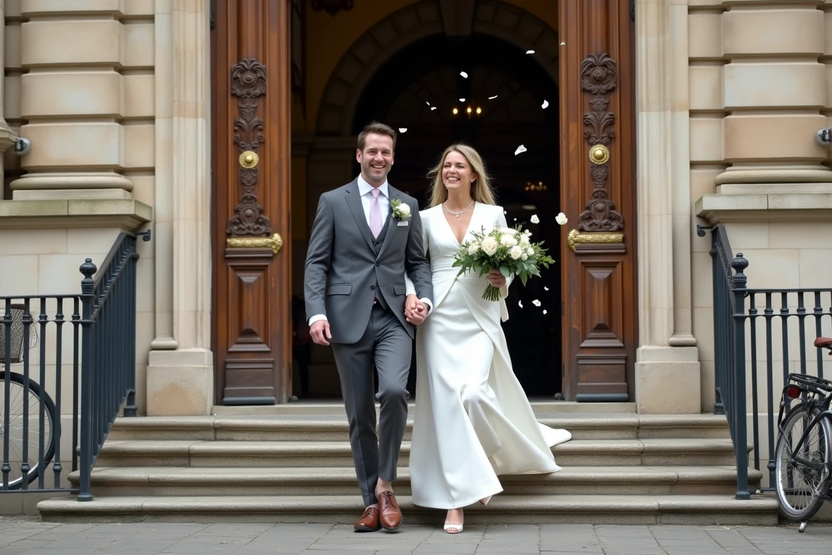 Couple de jeunes mariés sortant d'une mairie française après le mariage civil, confettis dans l'air