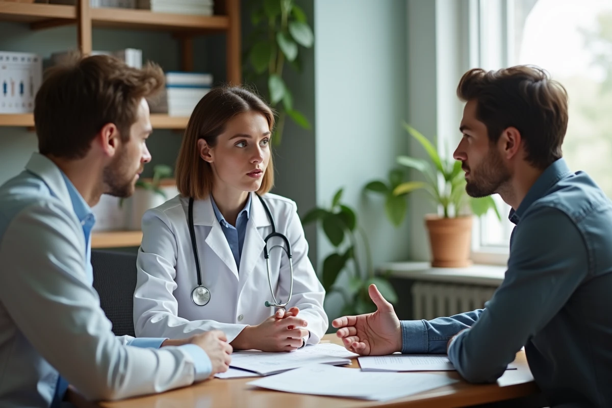 Jeune femme medecin discutant avec un couple en consultation