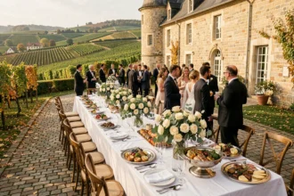 Vue d'ensemble d'un mariage en Moselle avec buffet traiteur élégant, tables dressées et invités en plein air devant un château lorrain