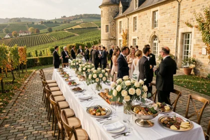 Vue d'ensemble d'un mariage en Moselle avec buffet traiteur élégant, tables dressées et invités en plein air devant un château lorrain