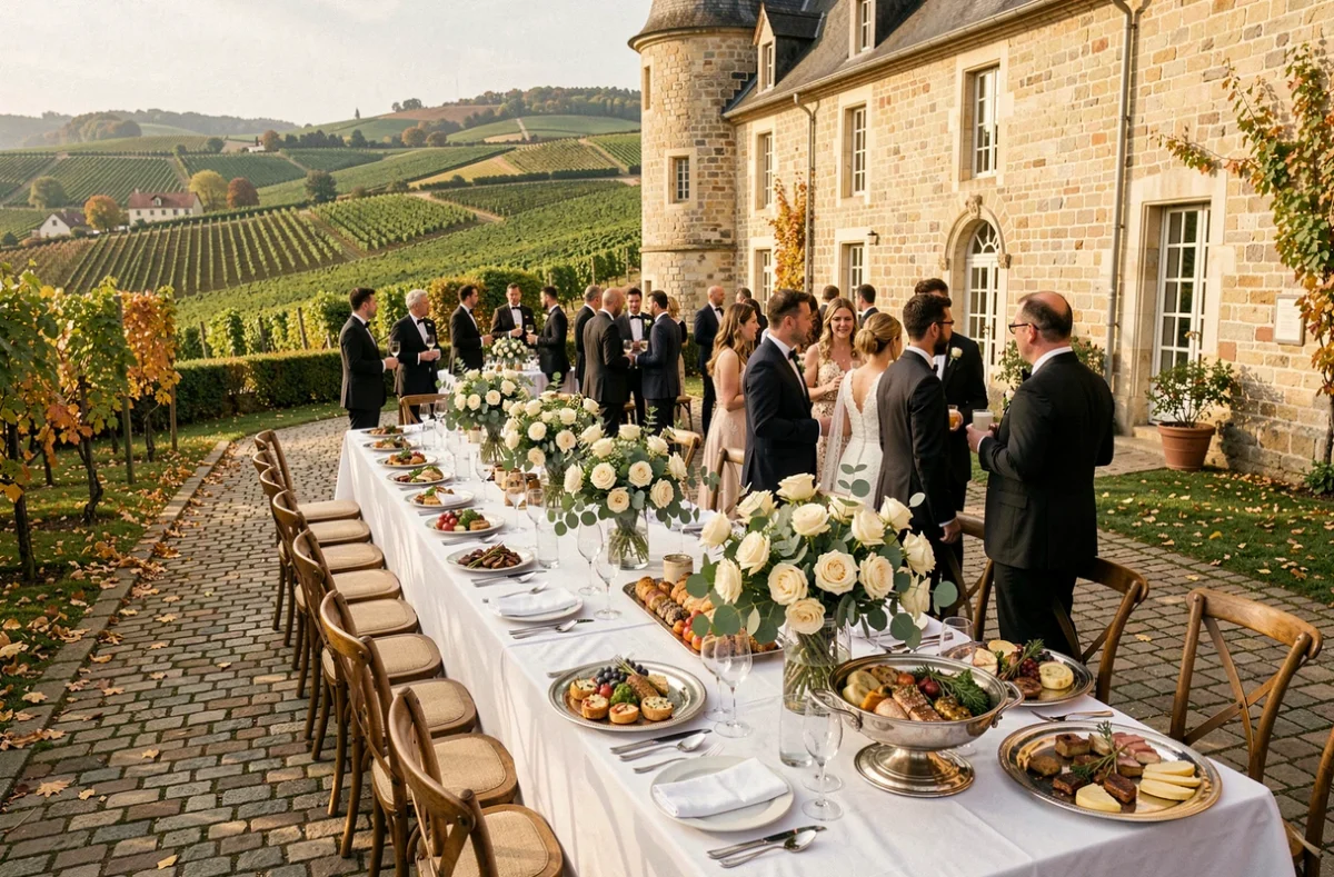Vue d'ensemble d'un mariage en Moselle avec buffet traiteur élégant, tables dressées et invités en plein air devant un château lorrain