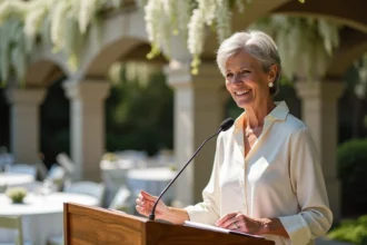 Mère de la mariée prononçant un discours émouvant lors d'un mariage laïque en plein air