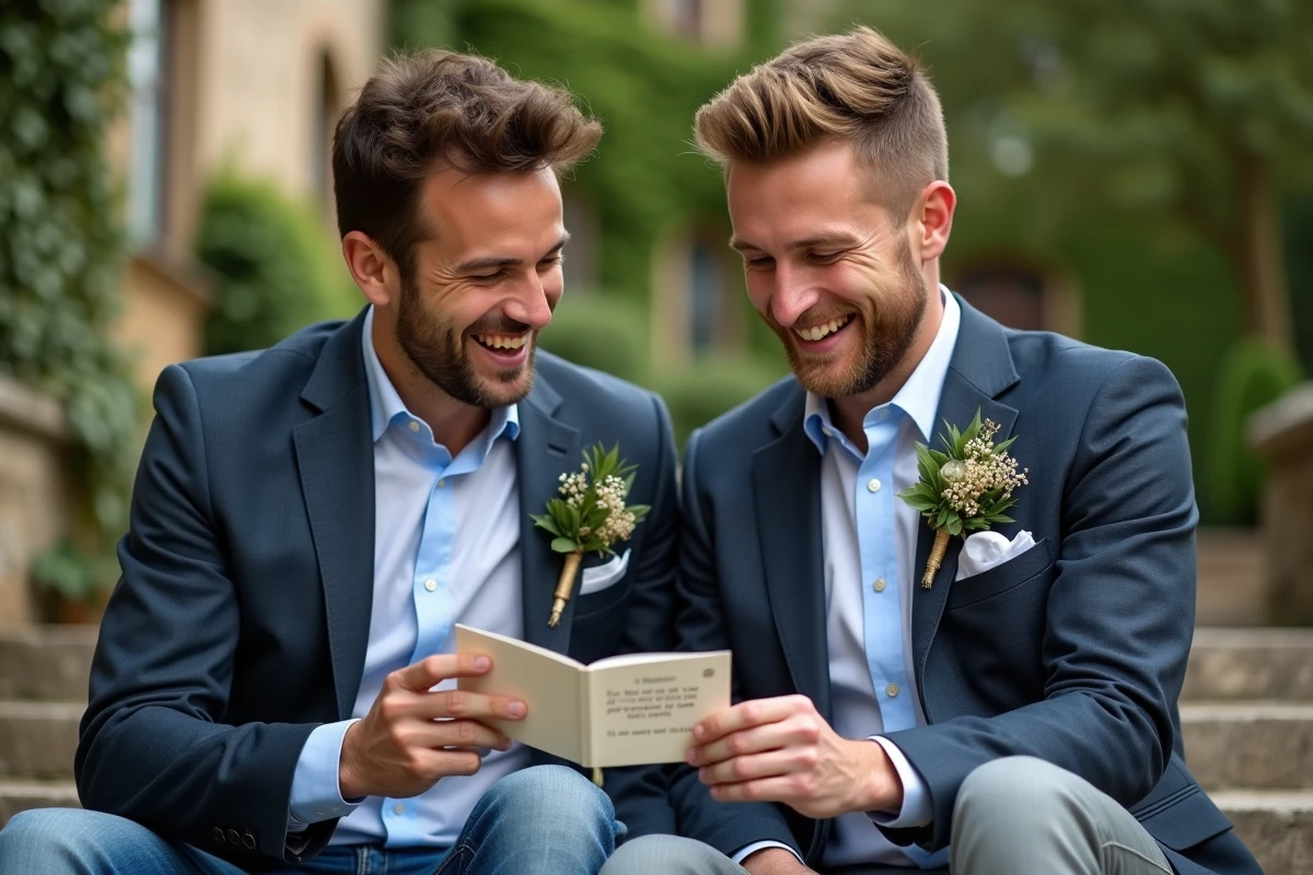 Deux amis hommes complices lisant un message humoristique de félicitations pour un mariage assis sur des marches en pierre dans un jardin de château