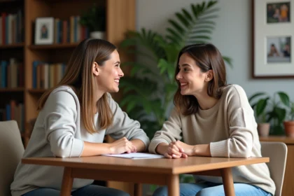 Femme et homme souriants dans un intérieur chaleureux