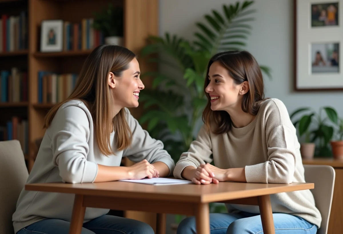Femme et homme souriants dans un intérieur chaleureux