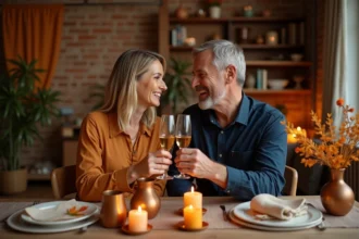 Couple fêtant leurs 22 ans de mariage attablé pour un dîner romantique à la maison avec décorations en bronze et bougies