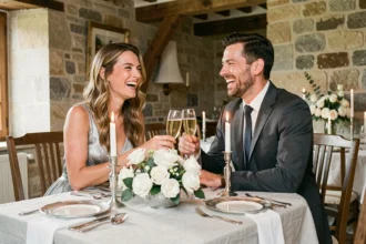 Couple célébrant leurs noces d'argent autour d'une table élégamment dressée avec des bougies argentées et des roses blanches