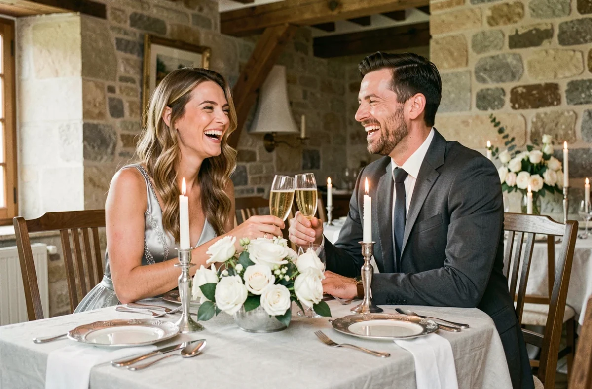 Couple célébrant leurs noces d'argent autour d'une table élégamment dressée avec des bougies argentées et des roses blanches