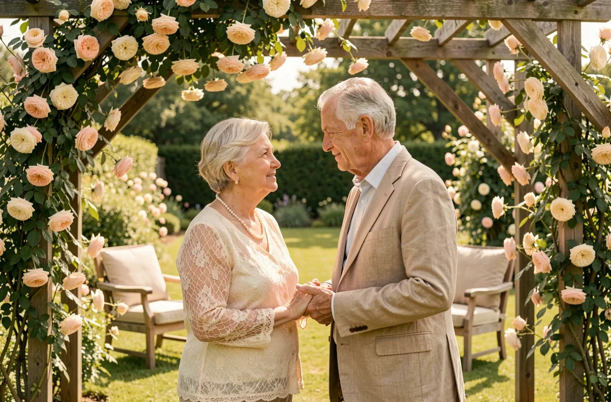 Couple âgé se tenant la main sous une pergola fleurie lors du renouvellement de leurs vœux pour leurs noces d'or