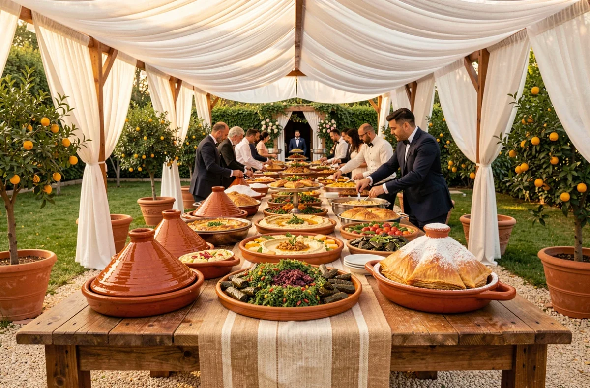 Grand buffet oriental de mariage préparé par Nourit & Co avec mezze colorés, tagines et pastilla dans un jardin décoré