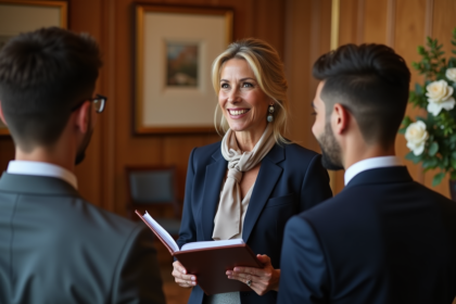Officiante souriante lors d'une cérémonie en salle élégante