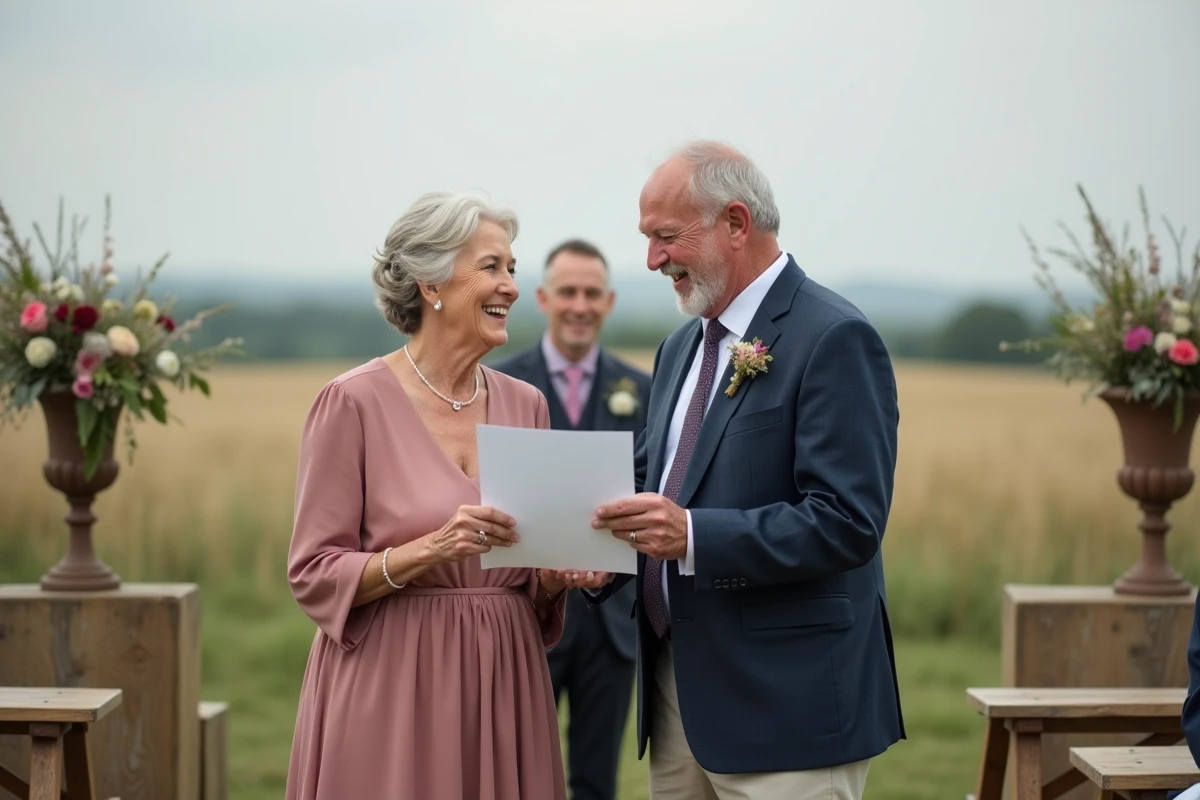 Parents des mariés lisant ensemble leur discours lors d'un mariage laïque en plein air à la campagne
